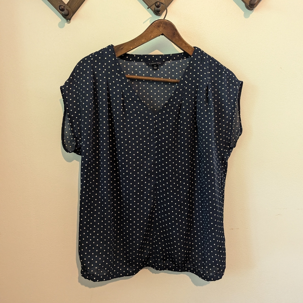 Lands' End Navy Polka Dot Blouse